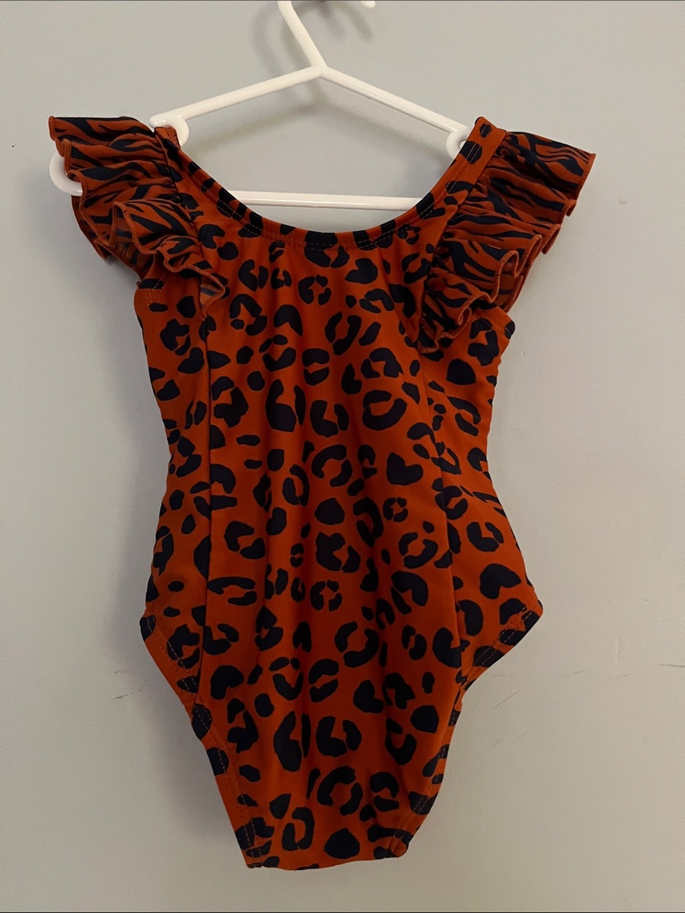 Girls Rust Leopard Print Ruffle One-Piece Bodysuit - Picture 2 of 5